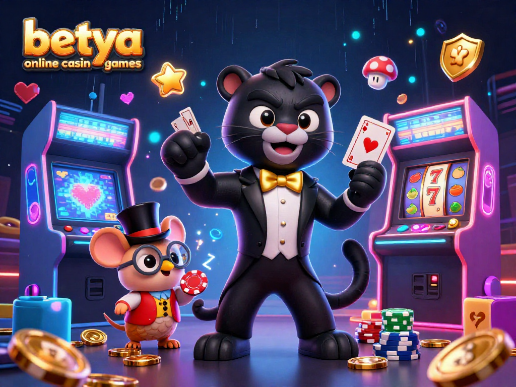 Engage in betya online casino games with a stylish panther dealer, charming owl, and lucky mouse amid vibrant gaming elements.