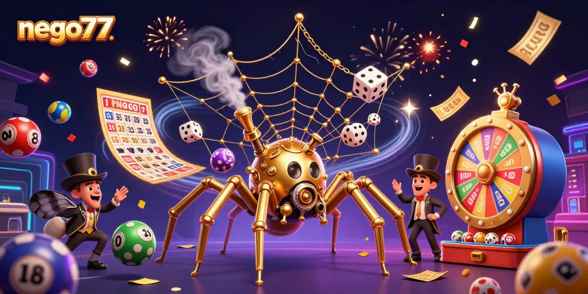 Experience thrilling fun with nego77's dynamic casino illustrated scene full of lively gaming elements.