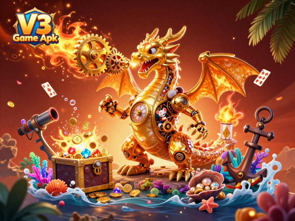 Experience V3 Game Apk with a golden dragon amid treasures and exciting gaming elements.