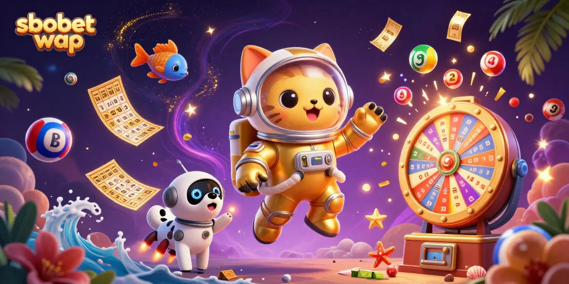 Engage in thrilling betting with sbobet wap, featuring an astronaut cat amidst colorful gaming elements.