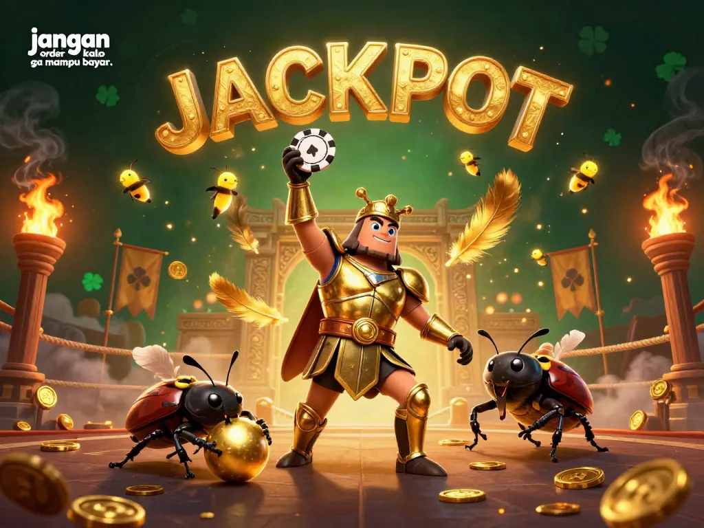 Engage with the exciting world of gambling at IDEBET as a 3D hercules beetle celebrates a jackpot win.