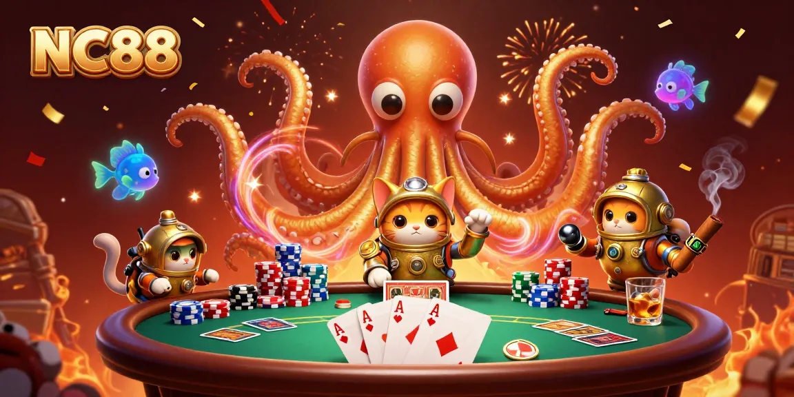 Experience thrilling gaming at NC88 with a dynamic scene featuring kraken and diving cat.