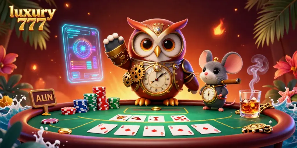 Immerse in luxury 777 casino excitement with vibrant creatures and dynamic poker elements.