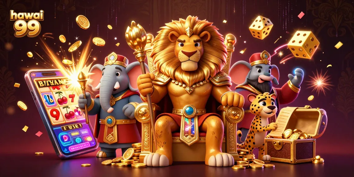 Experience the excitement of hawai 99 with a fierce lion king and dynamic casino elements.