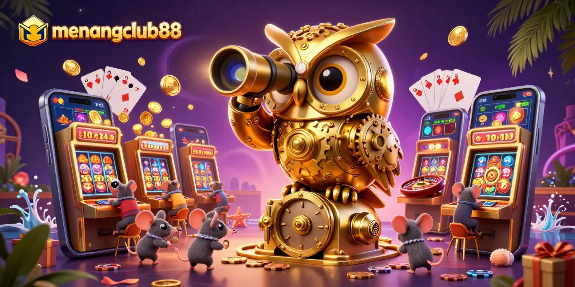 Engage with menangclub88's thrilling casino experience, featuring a golden owl, slot games, and vibrant game elements.