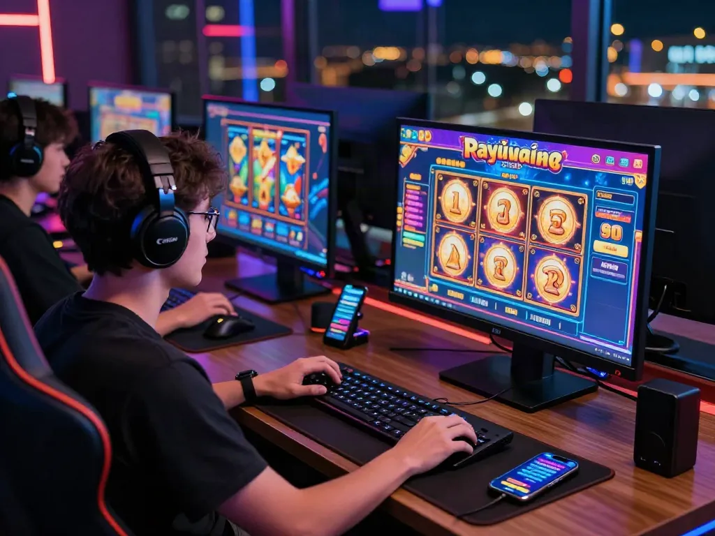 Engaging gamer exploring vibrant slot jackpot games at a modern setup with colorful graphics and gaming accessories.