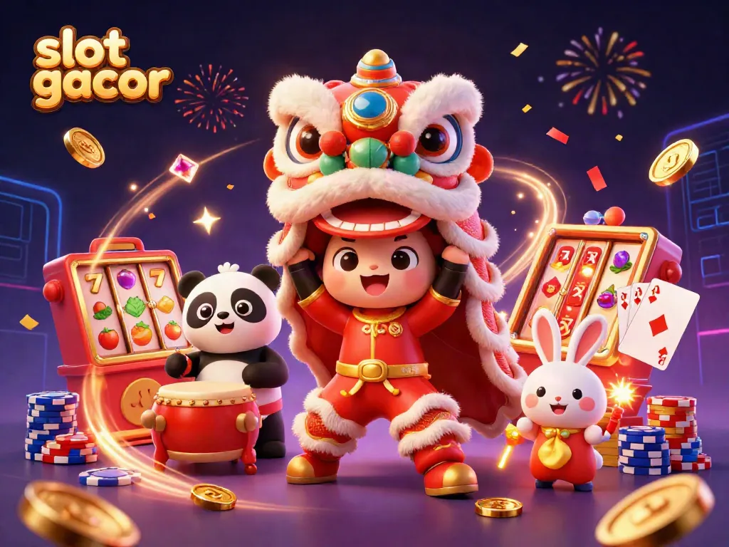 Gambarkan keberuntungan slot gacor dengan karakter tari singa Tahun Baru Cina dan hiasan kasino.