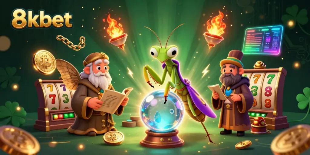 Experience the thrill of 8kbet with vibrant casino elements and mystical characters in an engaging 3D scene.