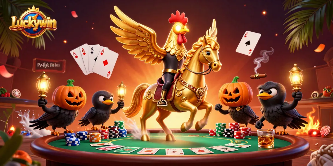 Experience the excitement at Luckywin casino with a golden rooster and ghostly companions in a lively scene.