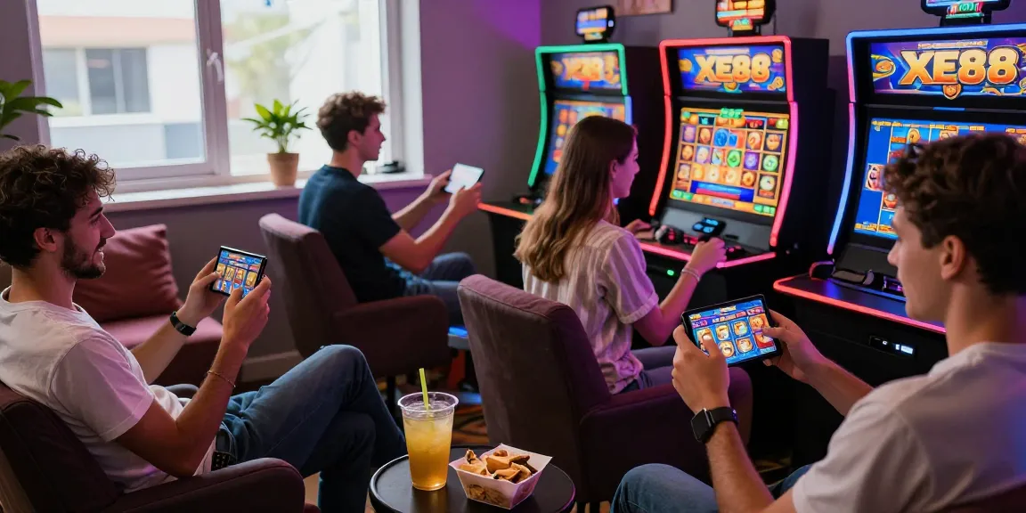 Players immersed in XE88 slot games on mobile devices, showcasing vibrant gaming experiences.