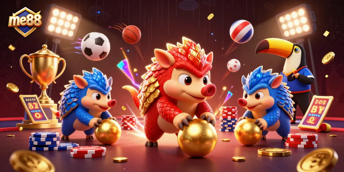 me88's dynamic casino scene showcases rival pangolins playing games with rich casino elements.