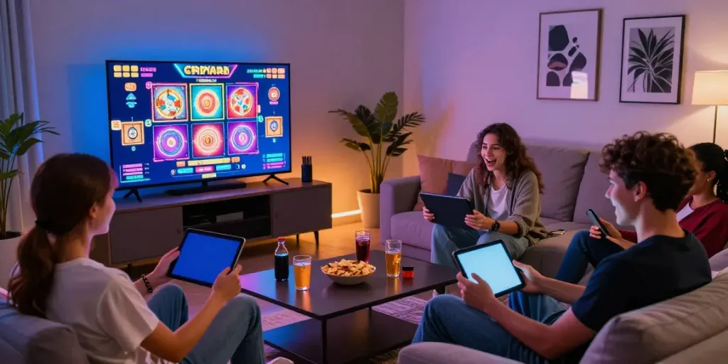 Friends enjoying an online slot game in a lively gaming room setting