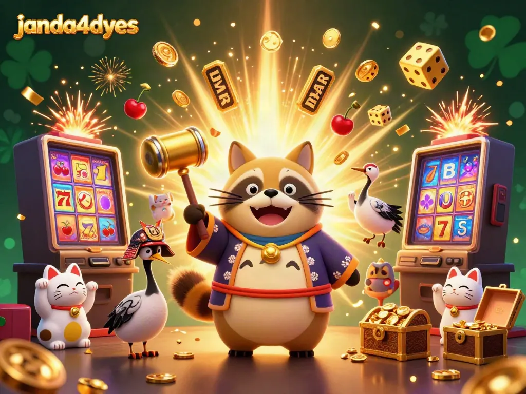 Gambarkan suasana taruhan slot di janda4dyes dengan karakter dan elemen kasino yang bersemangat.