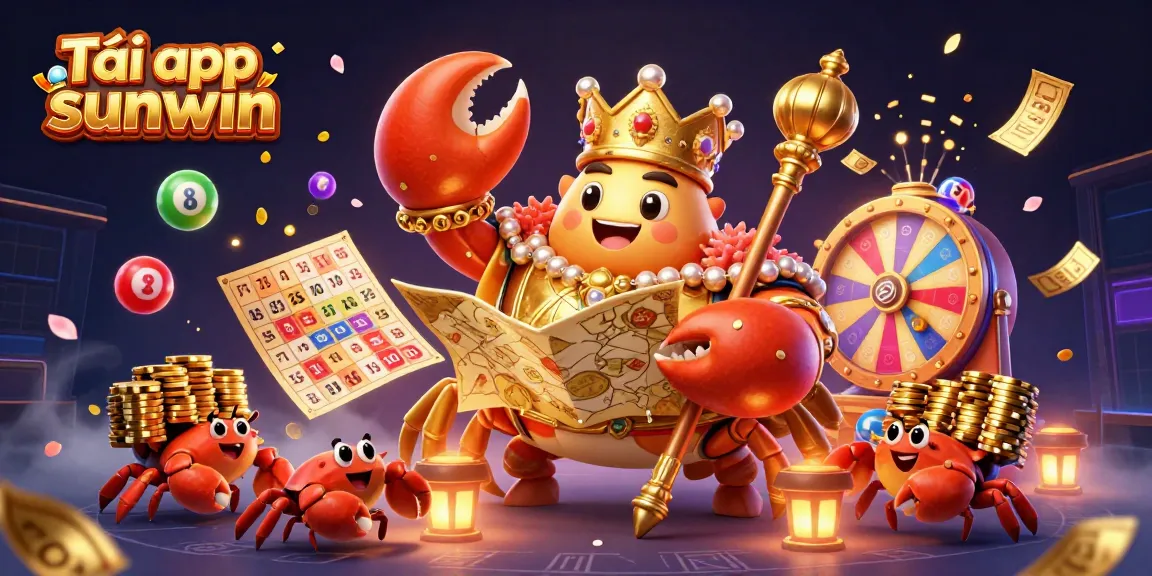 Experience excitement and fortune with Tải app sunwin as vibrant lottery elements surround a golden crab emperor in this casino-themed illustration.