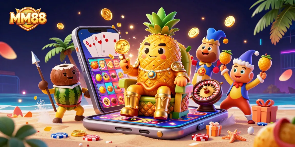 Play vibrant online casino games with MM88 as golden pineapple king rules the beach.