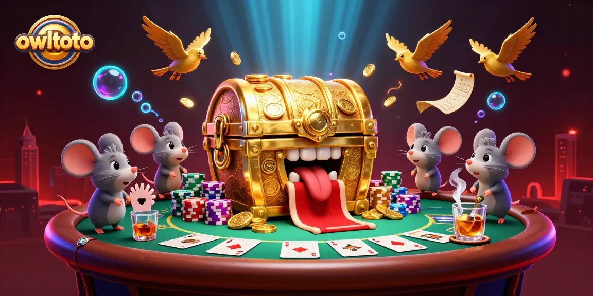 Engage with owltoto's thrilling fantasy scene of adventurous mice lured by a treasure chest amidst poker elements