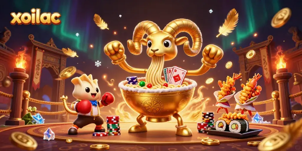Xoilac brings gambling excitement alive with vibrant cartoon characters in a dynamic casino scene.