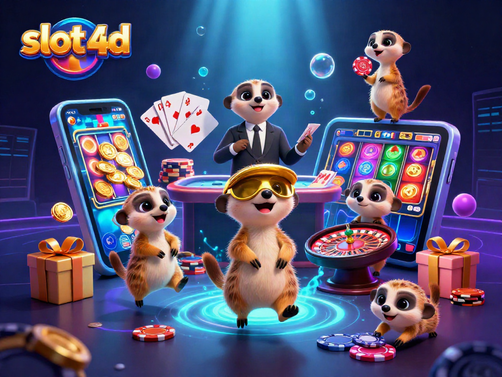 Meerkat canggih menjalankan kasino dengan slot 4d yang berkilau dan koin emas berjatuhan.
