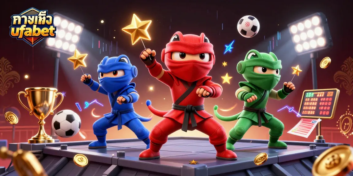 Engaging scene with ninja chameleons in action, promoting ทางเข้าสำรอง ufabet through dynamic sports elements.
