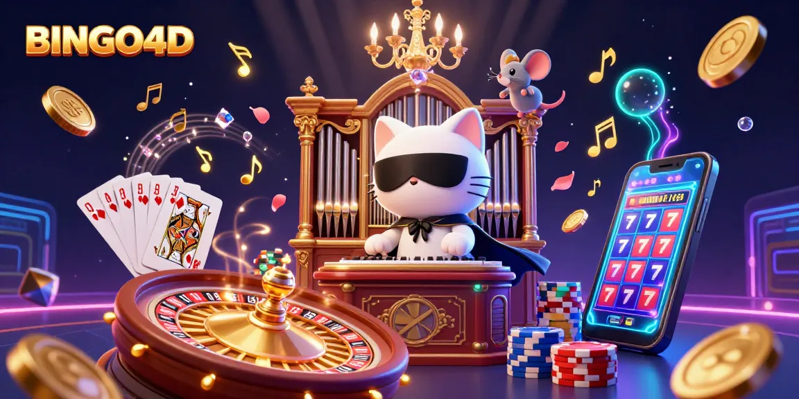 Mainkan BINGO4D dengan kucing putih bertopeng yang tampil di kasino, dikelilingi oleh koin emas dan permainan kartu.