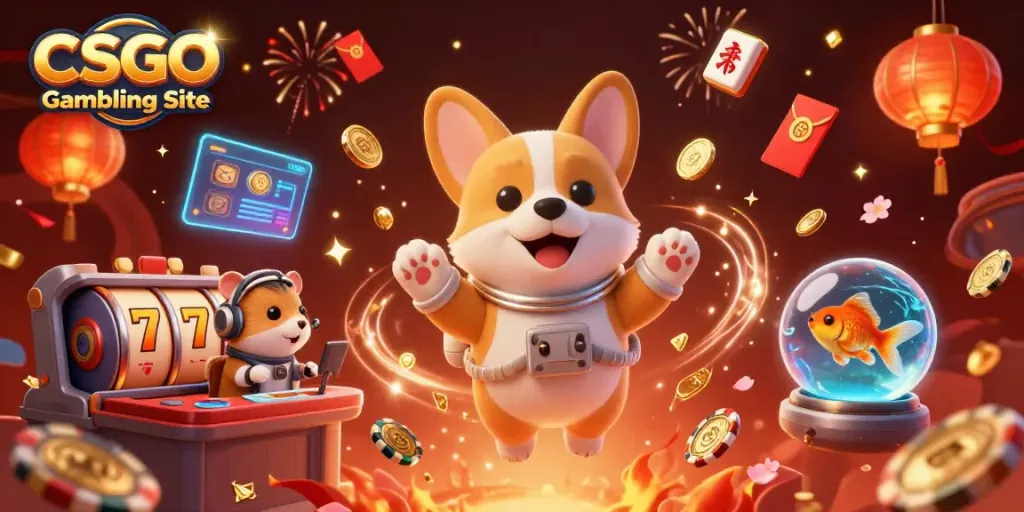 Experience the excitement of a CSGO Gambling Site with a floating astronaut corgi and casino elements