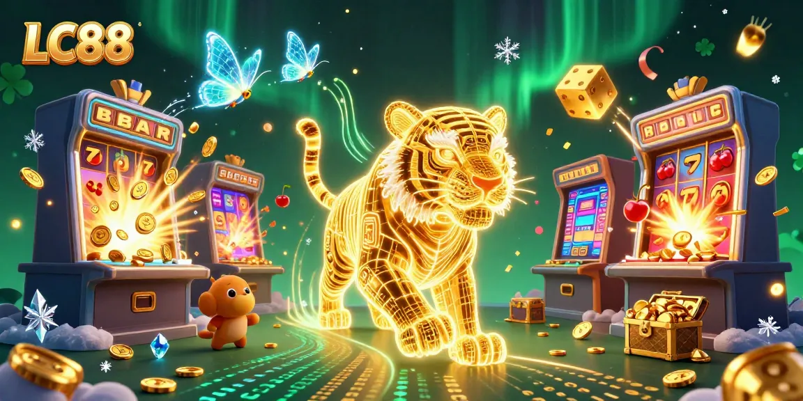 Play and win at LC88 with an energetic casino scene featuring vibrant slot machines and a glowing golden tiger.