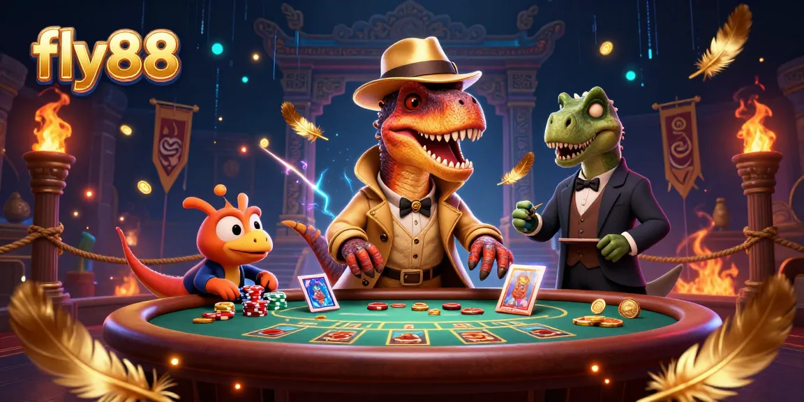 Fly88 velociraptor card counter at a blackjack table, with a stegosaurus pit boss and compy pickpocket.