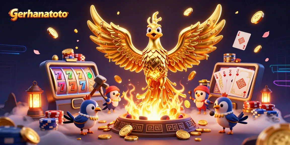 Raih kemenangan dengan gerhanatoto saat mesin slot berputar dan koin berkilauan mengelilingi phoenix emas.