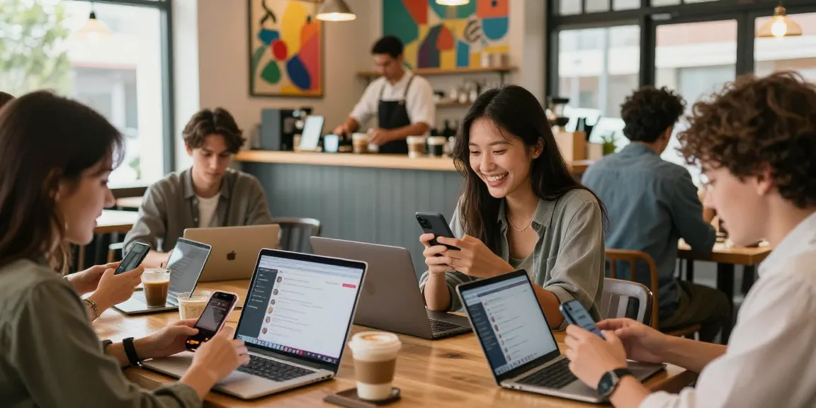 Engaging in شات الرياض conversations in a vibrant coffee shop setting, showcasing friendship and technology.