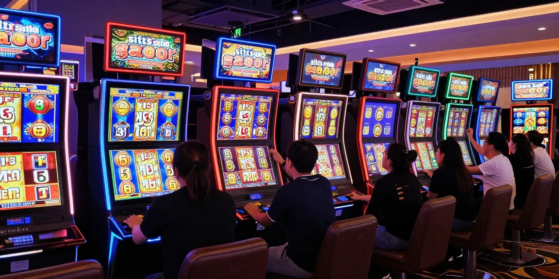 Suasana kasino dengan pemain ceria di situs slot gacor, menikmati mesin slot yang penuh warna.