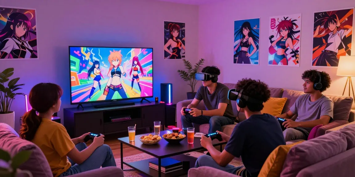 Engaged group playing hentai game in vibrant living room atmosphere.