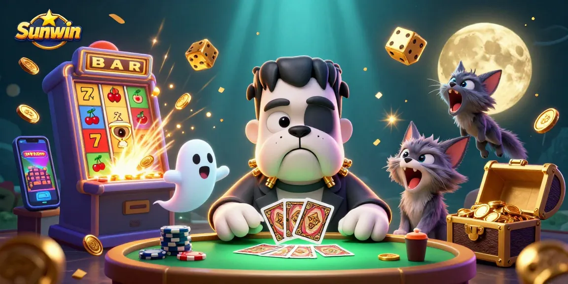 Engage with Sunwin's thrilling gaming experience featuring an animated card game with lively characters and jackpot symbols.