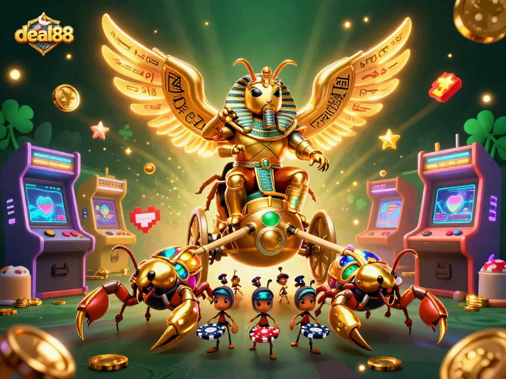 Engage with deal88’s thrilling casino games, featuring golden scarab beetle and scorpions amidst vibrant gaming elements.