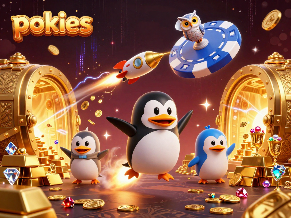Experience exciting pokies action featuring a golden penguin and casino elements in a stunning 3D scene.