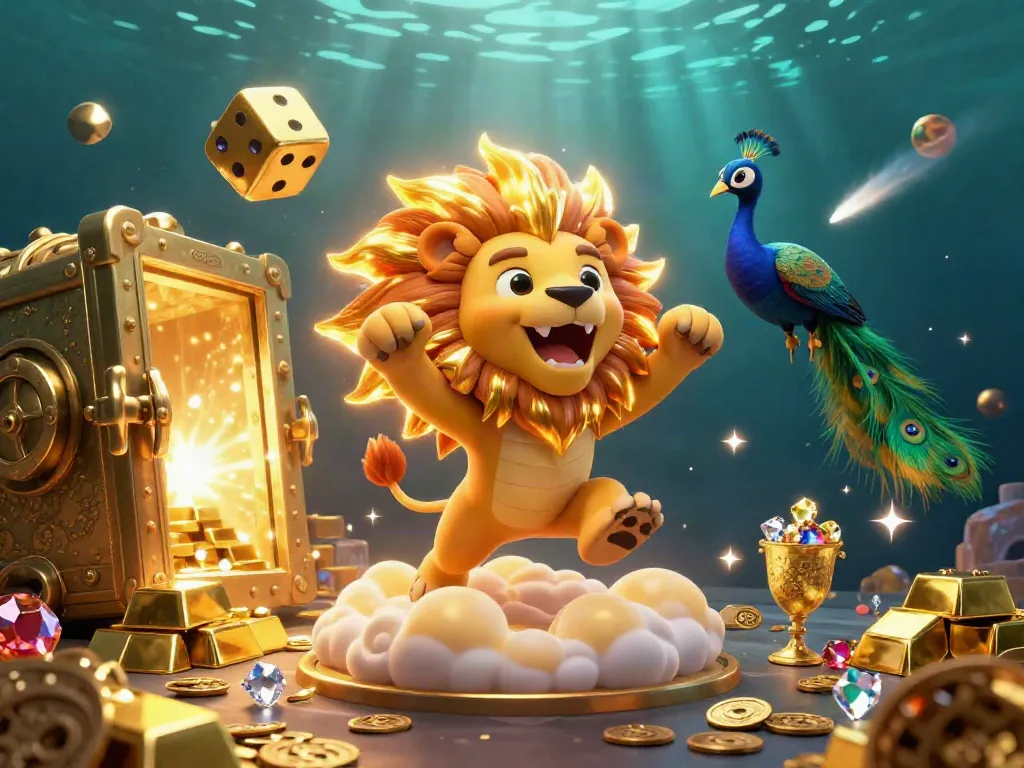 Experience the thrill of slot machines in this vibrant, 3D casino scene featuring a roaring lion.