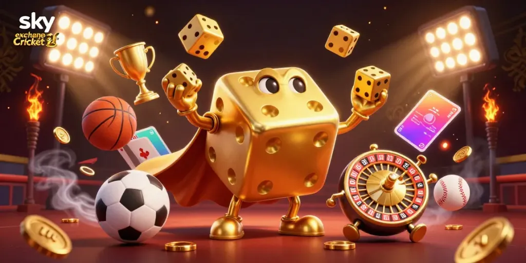 Experience dynamic betting action with the sky exchange Cricket id featuring golden dice, sports elements, and a vibrant casino atmosphere.