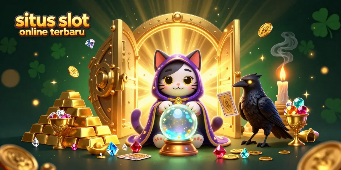 Experience winning thrills at situs slot online terbaru with immersive 3D illustrations featuring lucky symbols and treasures.