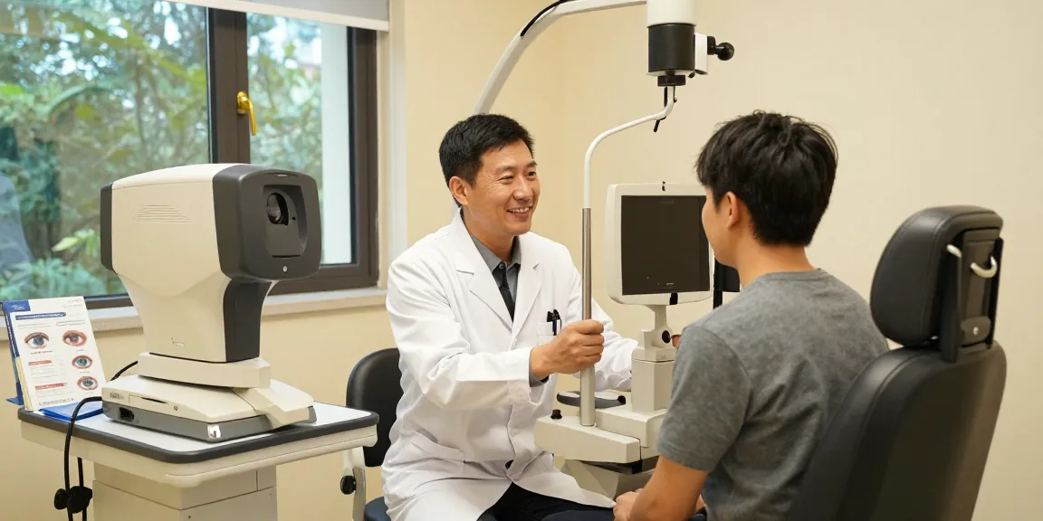 Consultation in a modern eye clinic discussing 라식 전 주의사항 with patient.