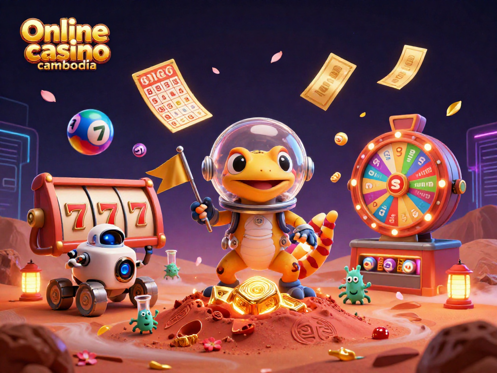 Experience the thrill of gaming at Online casino cambodia with Martian gecko exploring a golden casino!
