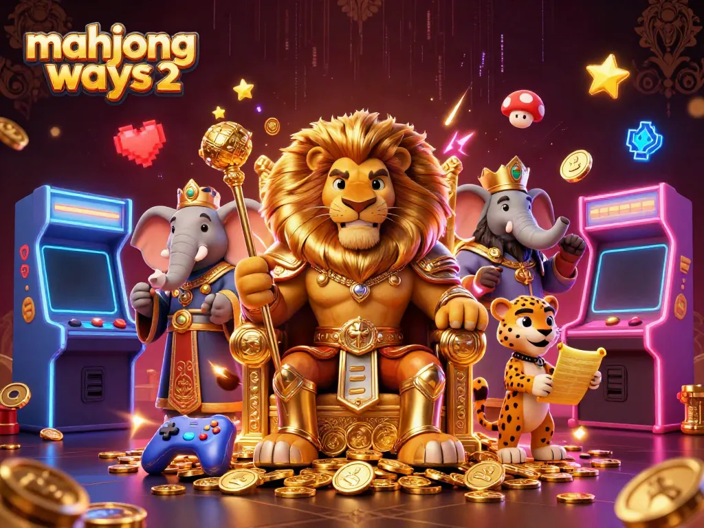 Experience the excitement of mahjong ways 2 with a vibrant 3D casino scene, including a fierce lion king and rich game elements.