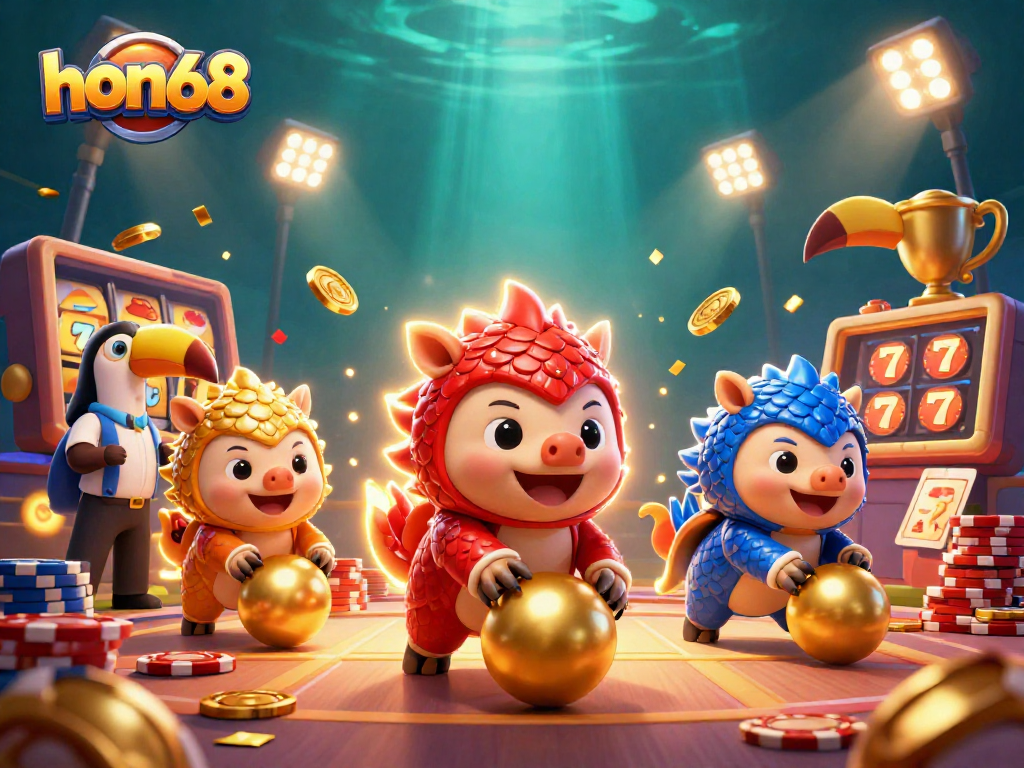 hon68 features rival pangolins in a slot-themed casino scene, showcasing vibrant elements and action.