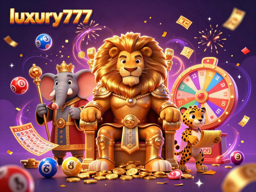 Kemeriahan lottery dengan luxury777, singa raja, gajah bijaksana, dan cheetah pengantar.