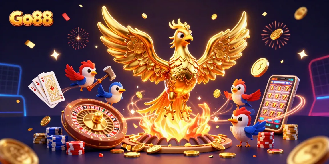 Experience dynamic gaming at Go88 with a golden phoenix, spinning roulette wheel, and vibrant casino elements.