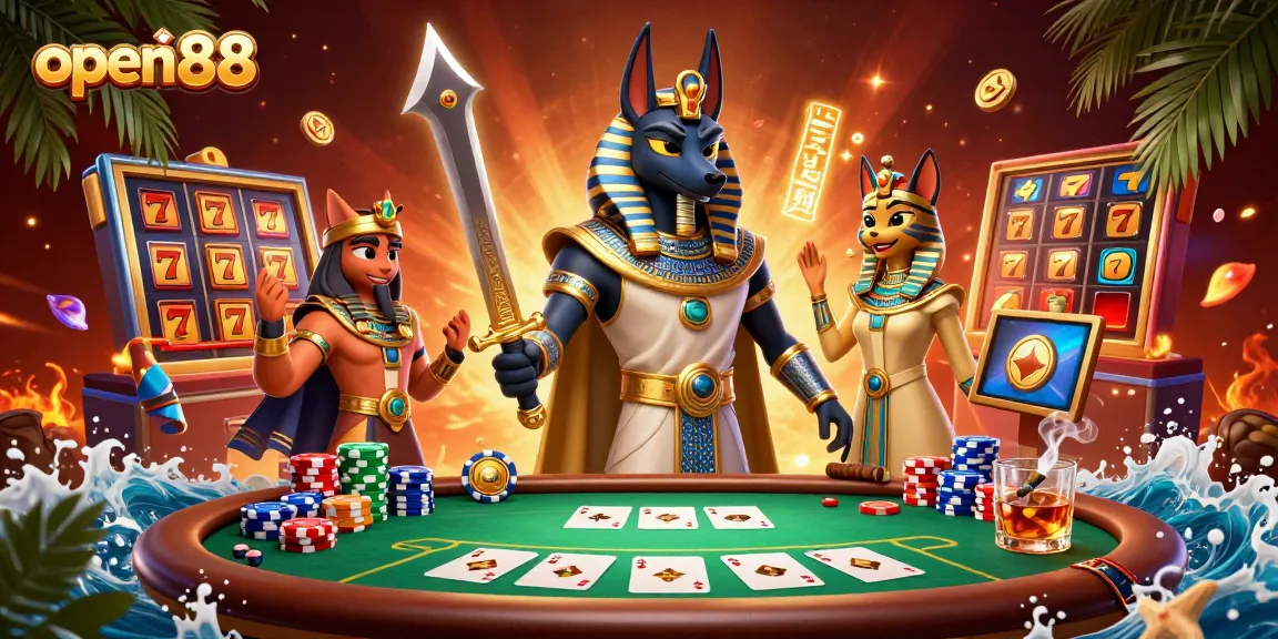 Engage with open88's vibrant casino experience featuring Anubis and Bastet among dynamic gaming elements.