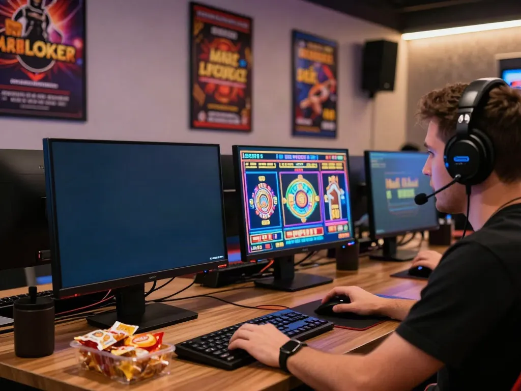 Player enjoying akunjp online gambling experience at a vibrant computer setup