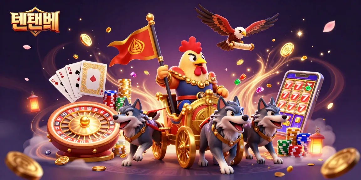 Engage in thrilling games at 텐텐벳 with a vibrant illustration of a rooster warlord and casino elements.