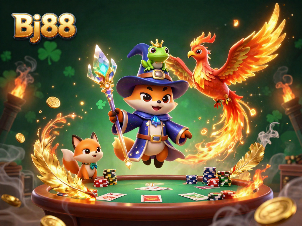 Engage with Bj88's exciting poker action, featuring a wizard fox and a fiery phoenix in a vibrant casino scene.