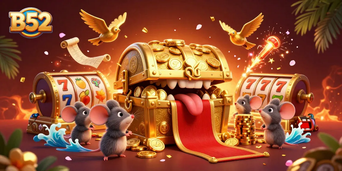 B52 casino scene with golden treasure chest and slot reels captivating adventurer mice for winning opportunities