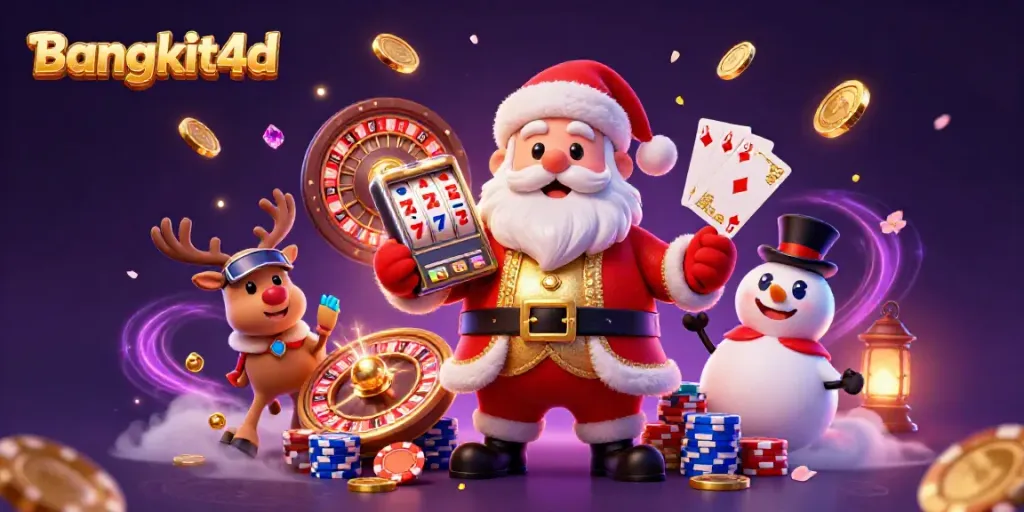 Bangkit4d menampilkan Santa baik hati dalam kostum kasino dengan smartphone jackpot, rekan reindeer, dan teman salju berdiri dengan ceria.