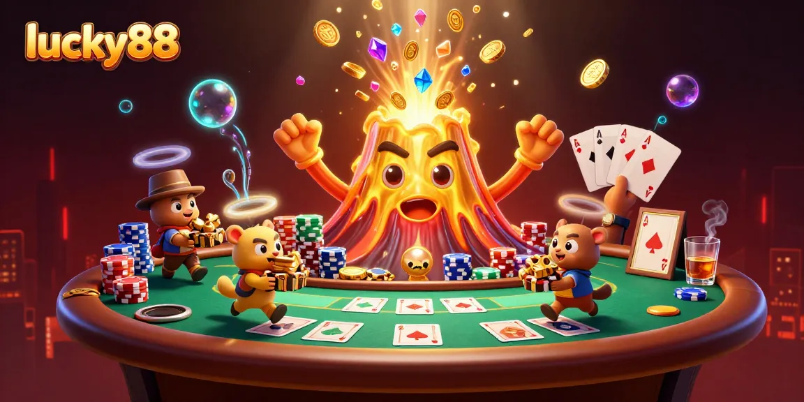 Lucky88 players winning treasures in a vibrant, animated casino scene filled with poker elements.